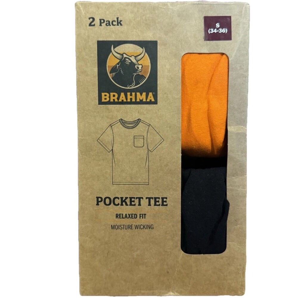 Brahma Mens Pocket T-Shirts 2 Pack Small S Black Orange Moisture Wicking NIB